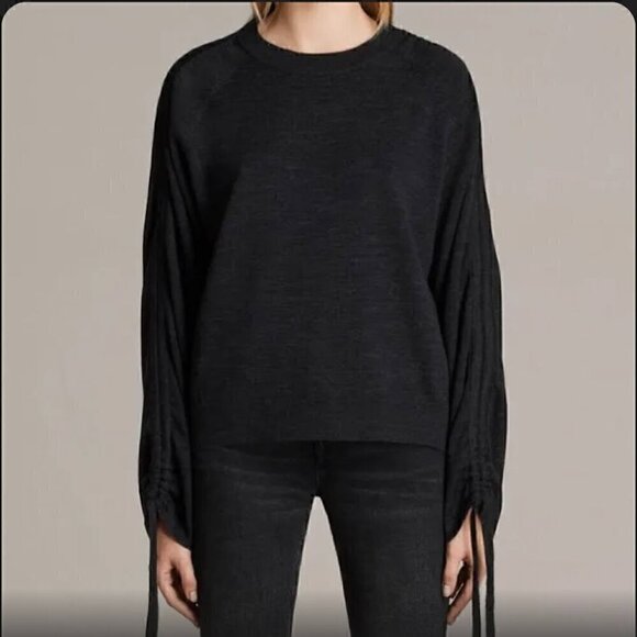 AllSaints dark grey 100% merino wool crew neck tight sleeve Ero Jumper - Size S - Picture 1 of 13